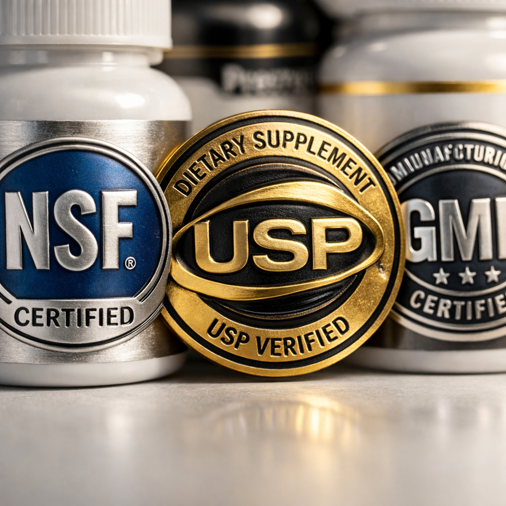 Close-up photo of official certification badges and quality seals including NSF, USP, and GMP logos displayed on supplement bottles, arranged on a clean white surface with soft directional lighting, shot with macro lens, highly detailed view showing the metallic sheen and embossed details of certification marks, professional product photography style with subtle shadows