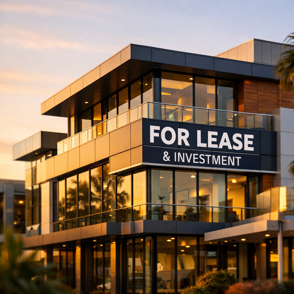 Photo style image of a modern Australian commercial property building, shot with 50mm lens, natural lighting during golden hour, the building shows clear 'For Lease' or investment signage, shallow depth of field with f/2.8, professional real estate photography style, warm tones, high contrast, detailed architecture featuring glass and contemporary design elements typical of Australian commercial districts