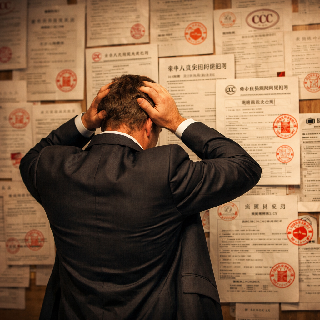 A dramatic office scene showing a frustrated foreign business executive standing in front of a large wall covered with complex certification documents, Chinese regulatory papers, and red stamps. The scene conveys the overwhelming complexity of the CCC certification process. Cinematic lighting with warm tones, shot with 50mm lens, shallow depth of field, professional business photography style.