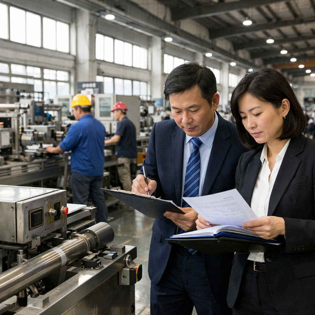 A detailed photo of a modern Chinese factory floor during an official audit inspection. Two professional auditors in business attire are carefully examining production line equipment and documents while factory workers operate machinery in the background. Natural lighting from large industrial windows, shot with wide-angle lens, high detail, documentary photography style, professional industrial setting.