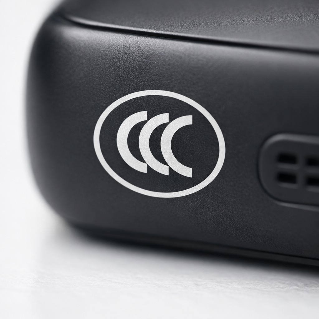 Close-up photo of a certified electronic product displaying the official CCC certification mark, the circular logo clearly visible on the device surface, product placed on a clean white surface, soft studio lighting from above, shot with 85mm macro lens, f/2.8, shallow depth of field with blurred background, professional product photography style, sharp focus on the certification mark details