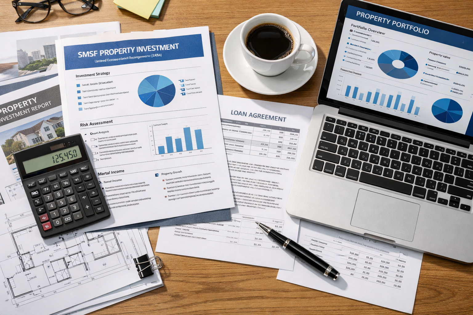 A photo style image of an organized modern office desk from an overhead aerial view, showing SMSF property investment documents, a financial calculator, architectural property plans, and a laptop displaying a property portfolio dashboard. Shot with macro lens showing intricate details of the paperwork. Natural window lighting from the side creates soft shadows. A coffee cup and professional fountain pen suggest careful planning. The composition is clean and professional, emphasizing the meticulous planning required for LRBA success. Landscape format, bright and clear lighting, highly detailed, shot with Canon EOS R5.