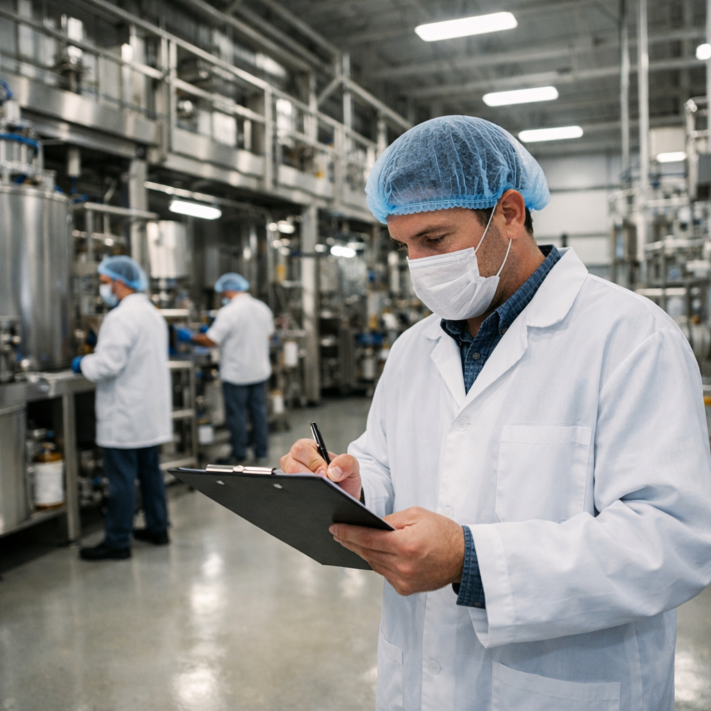 An inspector conducting a thorough facility audit at a supplement ingredient manufacturing plant, walking through a pristine production floor with stainless steel equipment, checking documentation on a clipboard, employees in the background wearing proper protective gear and hairnets, industrial setting with excellent organization, photo style, shot with 35mm wide-angle lens, natural warehouse lighting, documentary photography style, high contrast, depth of field showing the scale of the facility