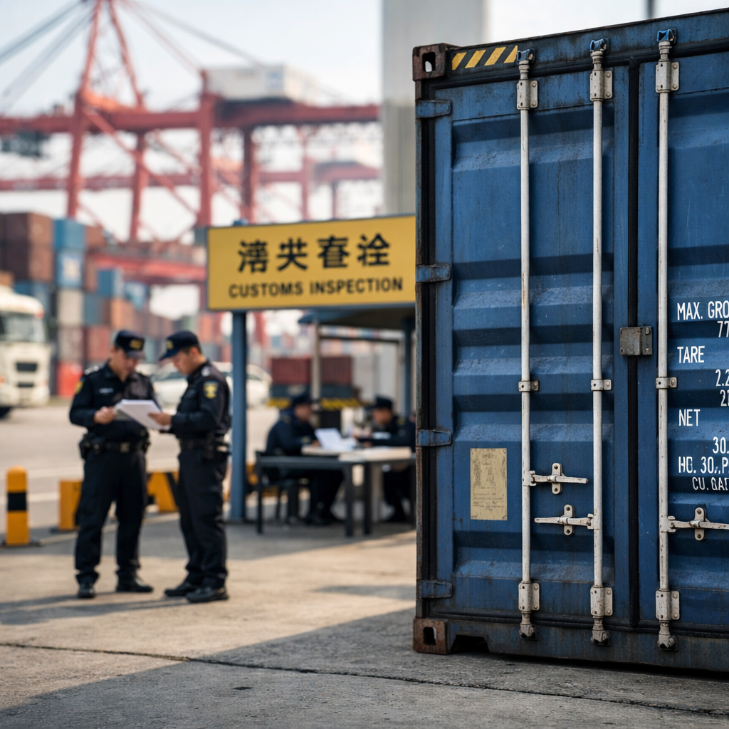 A modern shipping container at a Chinese port terminal with customs inspection area, professional DSLR photo style, natural lighting, customs officers examining documentation in the background, wide-angle shot showing port infrastructure, shallow depth of field, realistic business environment