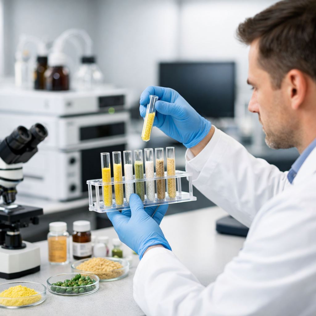 A professional laboratory setting showing quality control testing of supplement ingredients, with a scientist in a white lab coat examining test tubes and conducting analysis, modern equipment including microscopes and analytical instruments visible, clean and organized workspace with proper lighting, photo style, shot with 50mm lens, f/2.8, professional laboratory photography, bright even lighting, highly detailed, sharp focus