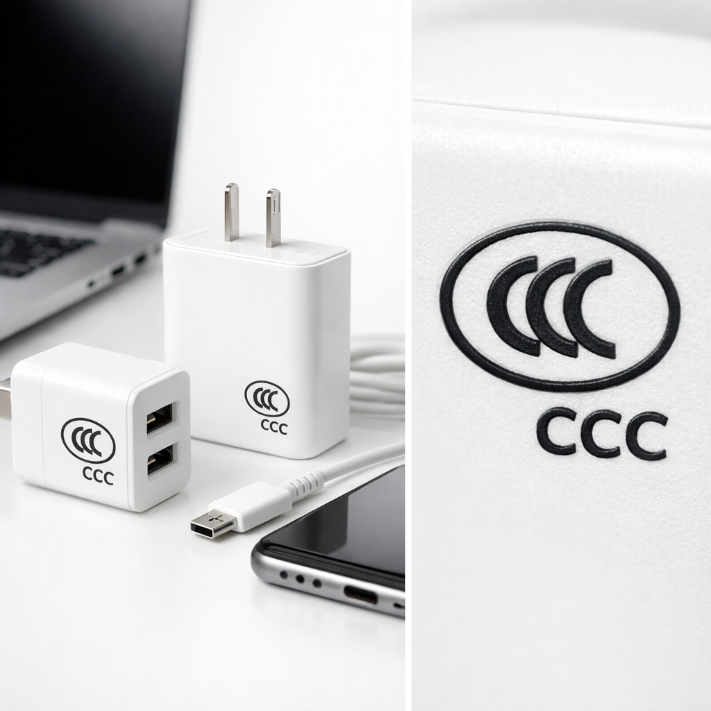 Clean product photography of electronic devices with CCC certification marks, studio lighting setup, multiple consumer electronics including laptop, power adapter, and mobile charger arranged on white surface, macro lens close-up showing CCC mark detail, professional commercial photo style, high key lighting, f/2.8 aperture