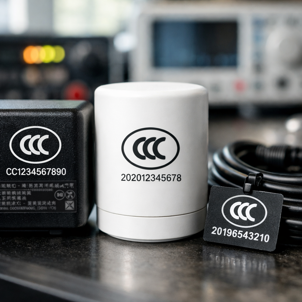 Close-up photo of products displaying official CCC certification marks, showing the distinctive circular logo with 'CCC' text and certification numbers, arranged on a factory inspection table with testing equipment in soft focus background, shot with macro lens, f/2.8, natural lighting from window, professional product photography style, highly detailed