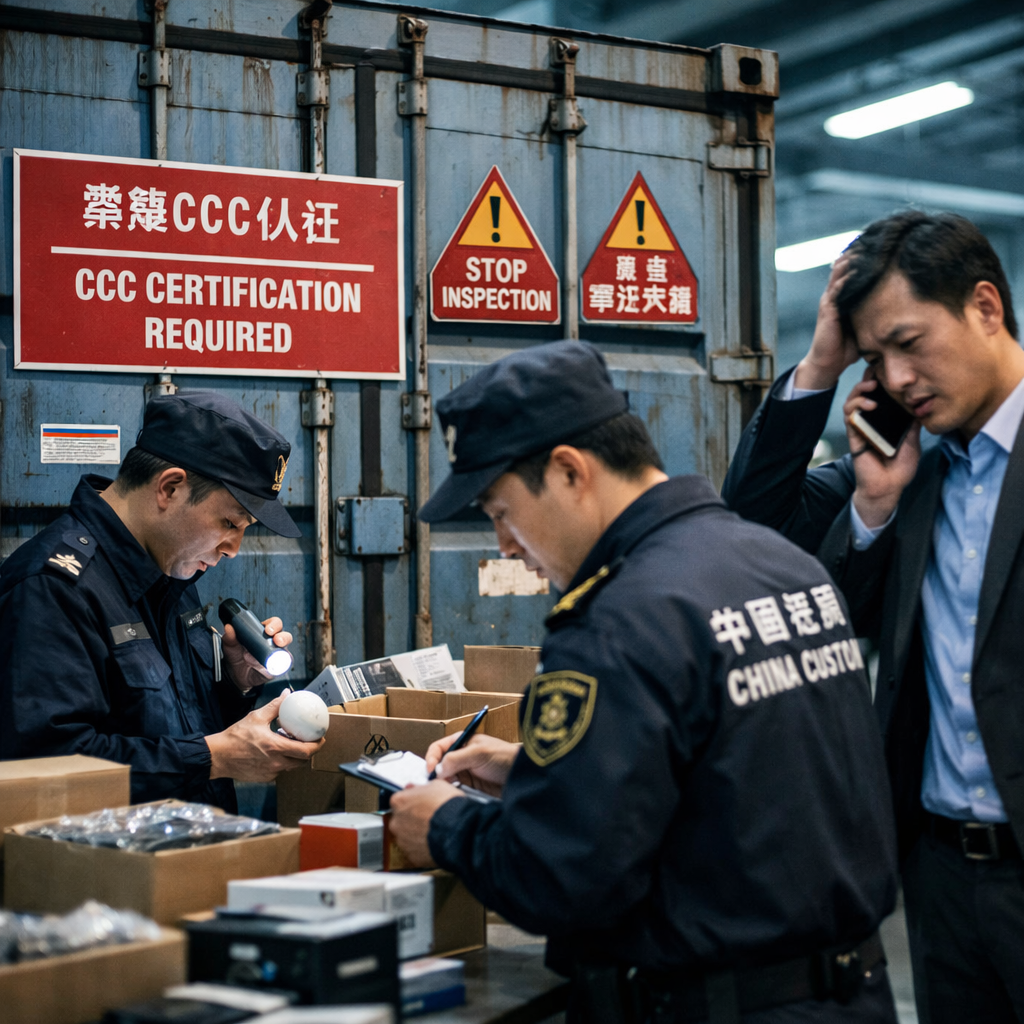 A dramatic scene at a modern Chinese customs facility showing a detained shipping container with 'CCC CERTIFICATION REQUIRED' warning signs in red, customs officers in uniform examining products, a worried businessman on phone in the background, photo style, shot with 35mm lens, cool fluorescent lighting, high detail, shallow depth of field