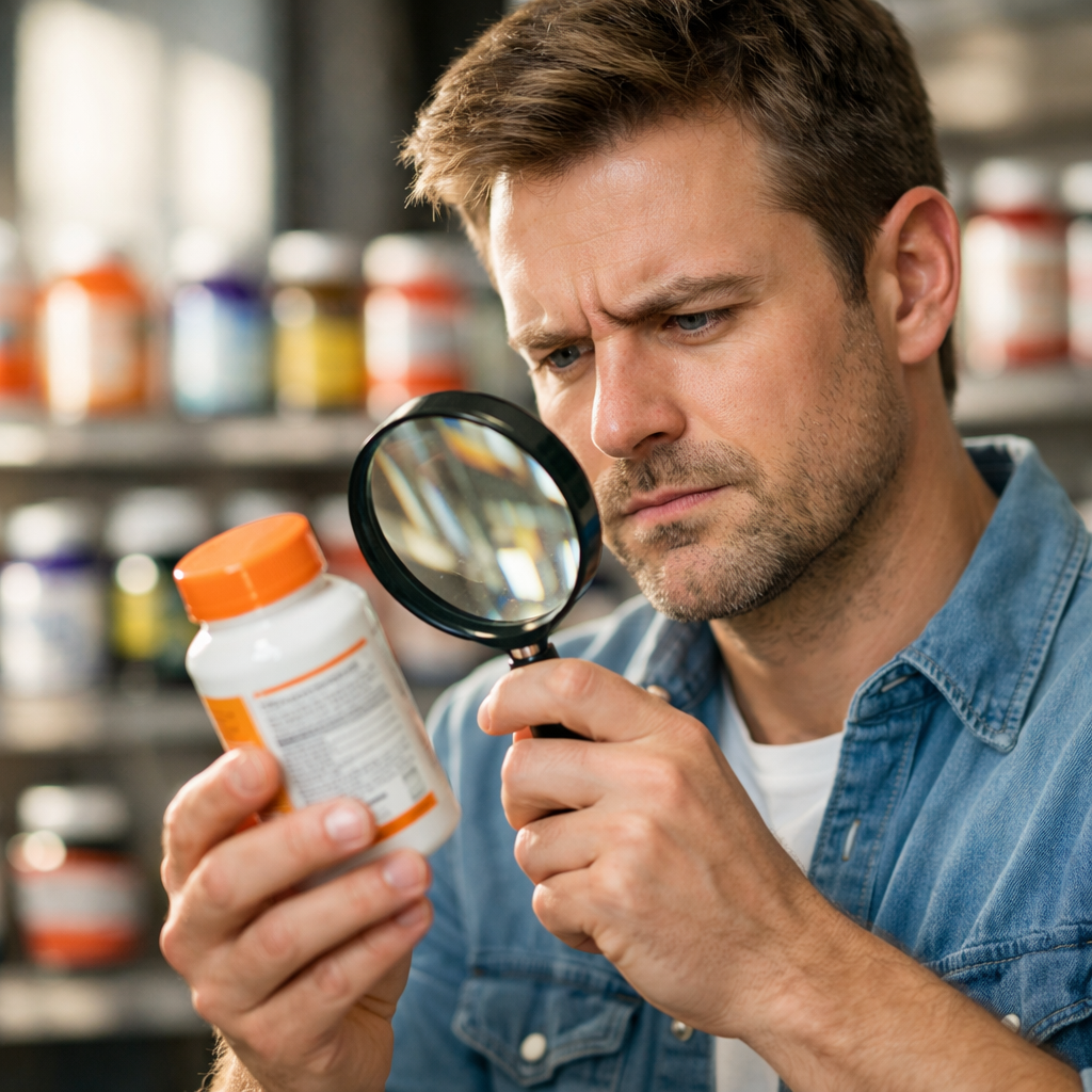 A concerned consumer examining a vitamin supplement bottle under bright lighting, holding it up to scrutinize the label with a magnifying glass. The scene is shot in a modern pharmacy setting with rows of colorful supplement bottles blurred in the background. Natural window lighting creates dramatic shadows. The person's expression shows skepticism and careful attention to detail. Shot with 85mm lens, f/2.8, shallow depth of field, high detail, photo style.