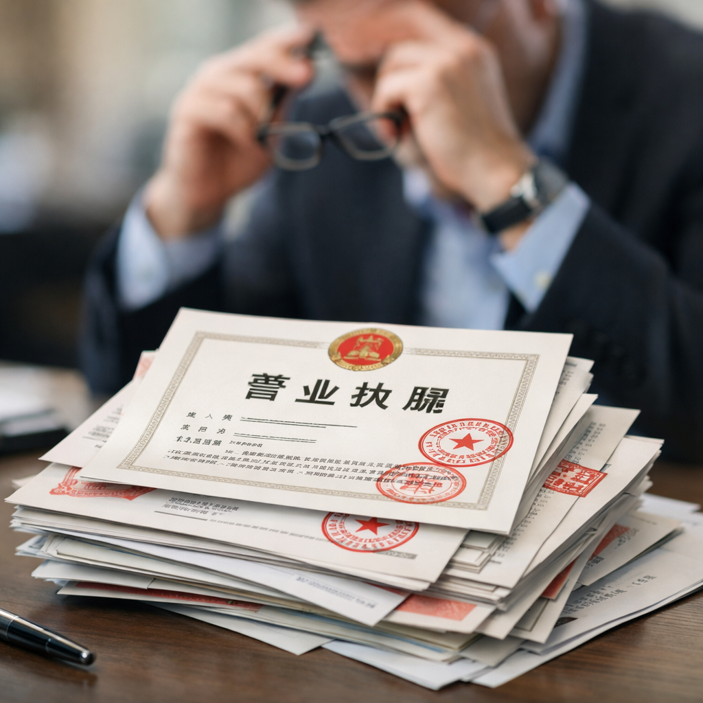 Close-up view of a stack of official Chinese government documents and business licenses on a modern office desk, with a frustrated foreign executive's hands holding reading glasses in the background, paperwork showing red stamps and seals. Natural office lighting, shallow depth of field, shot with 85mm lens, f/1.8, highly detailed, photo style