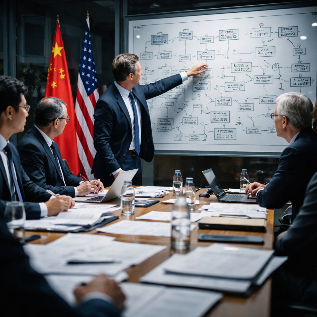 A modern conference room with a large table covered in legal documents and business contracts, Chinese and international flags visible in background, serious business executives in discussion, one person pointing at a complex regulatory flowchart on a glass board. Shot with 35mm lens, dramatic lighting, shallow depth of field, professional corporate setting, photo style