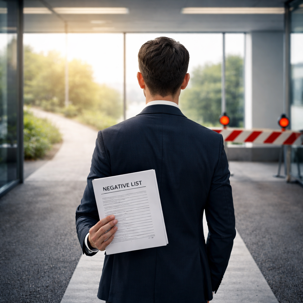 A professional business person in modern office attire standing at a crossroads, holding a document labeled 'Negative List', with two distinct paths ahead - one illuminated and clear, the other blocked by a red barrier. Shot with 50mm lens, f/2.8, natural lighting through large windows, corporate office environment, high contrast, photo style