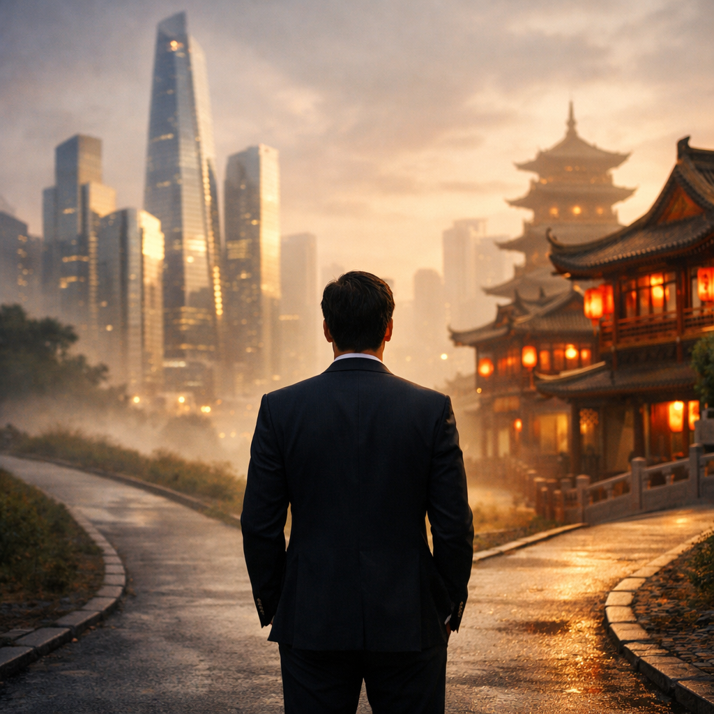 A professional business person in modern office attire standing at a crossroads, looking at two diverging paths in a misty Chinese business district. One path shows gleaming modern skyscrapers representing control and autonomy, while the other shows traditional Chinese architecture blending with modern elements representing partnership. Shot with 50mm lens, f/2.8, dramatic lighting with warm tones, high contrast, photo style