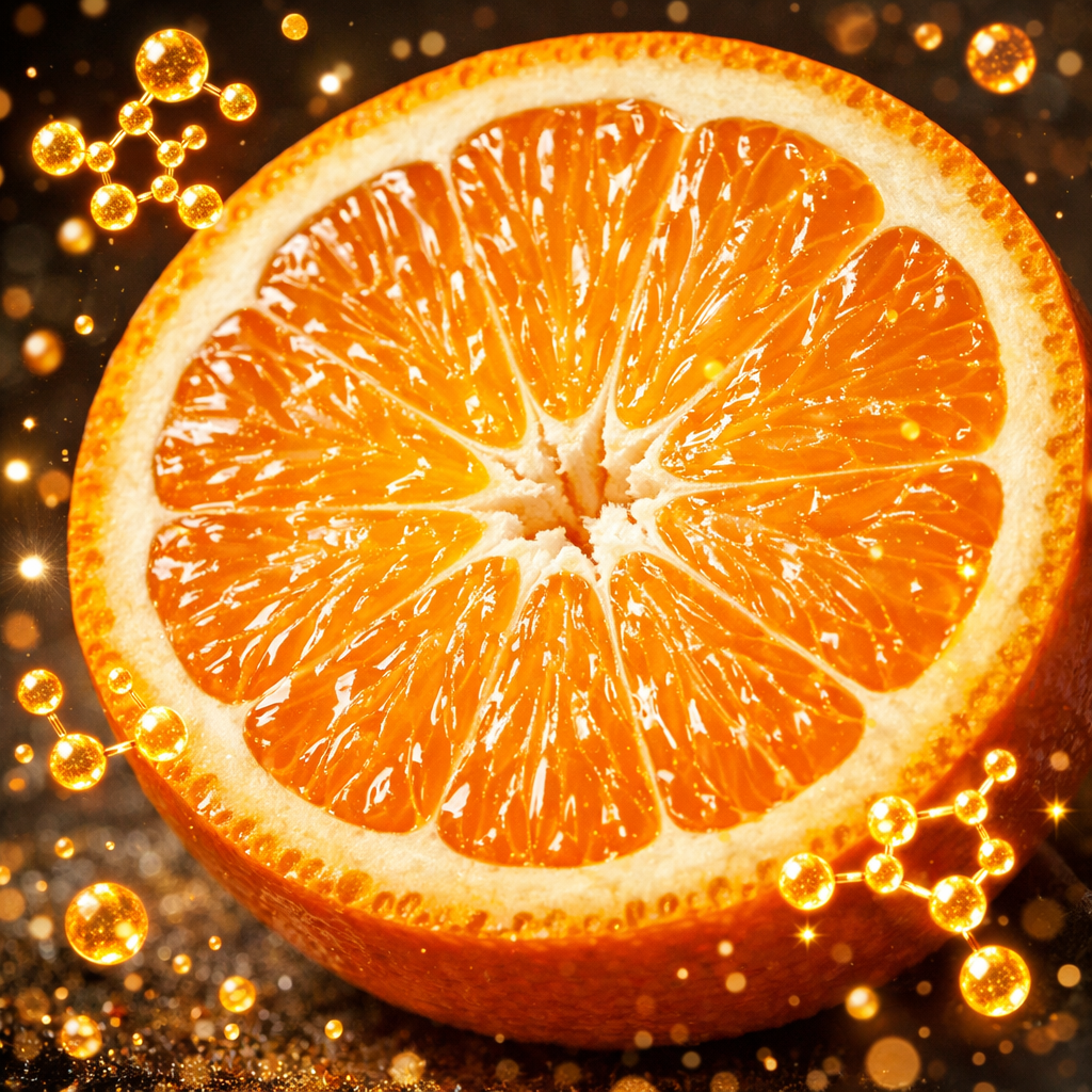 A vibrant cross-section view of a fresh orange showing its internal structure, surrounded by floating bioflavonoids and antioxidant molecules visualized as glowing particles, shot with macro lens, f/2.8, natural lighting, highly detailed, scientific photography style
