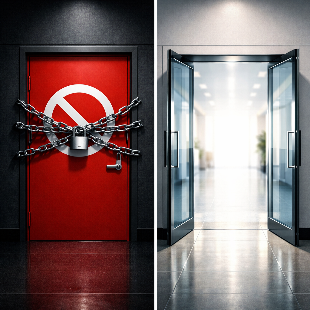 A split composition showing two contrasting doors in a modern business corridor. On the left, a red door with a prohibition symbol and chains, representing restricted sectors. On the right, a wide-open glass door with bright light streaming through, symbolizing open investment opportunities. Shot with 35mm lens, f/2.8, professional architectural photography style, clean modern aesthetic, high contrast lighting, sharp details