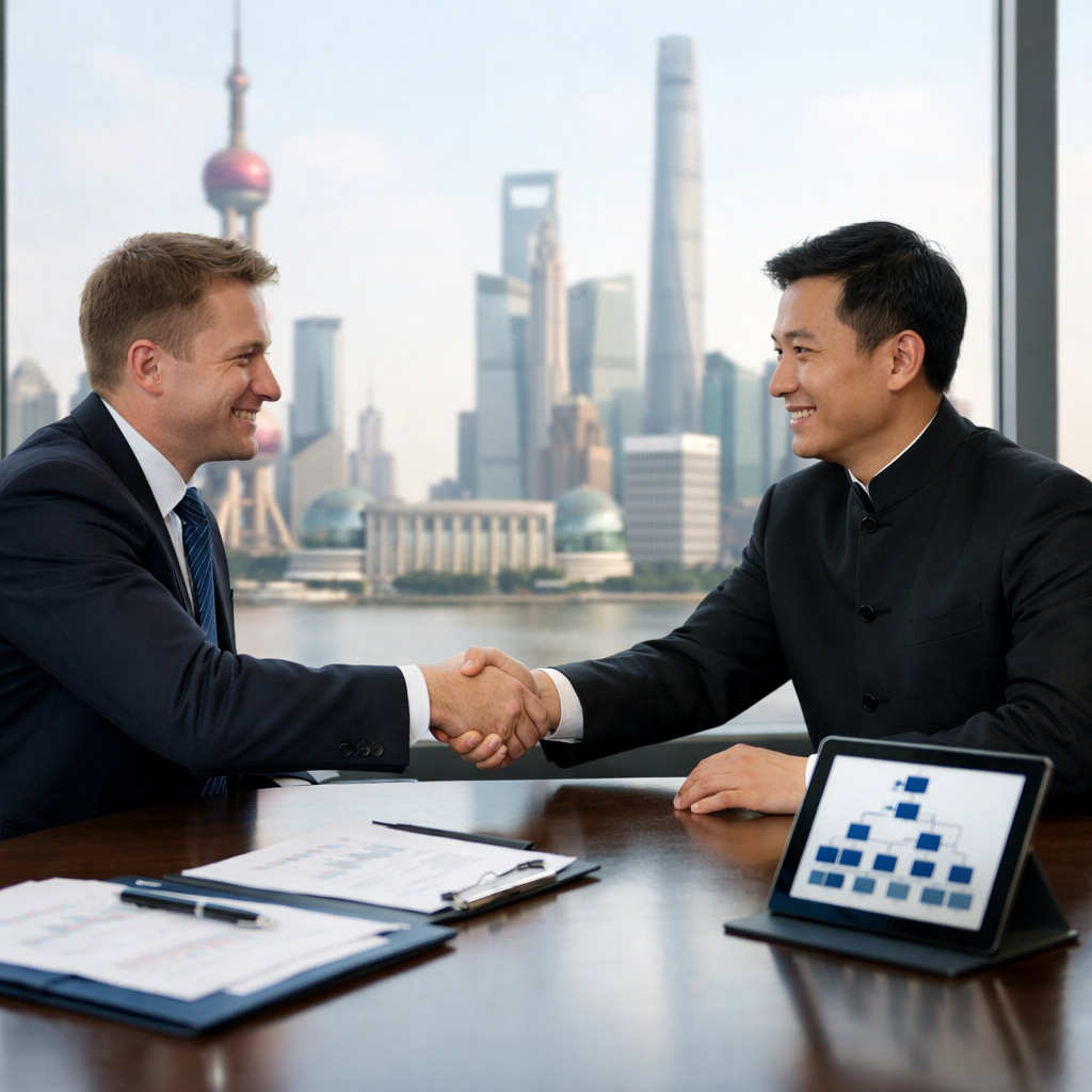 A professional business meeting scene showing two businesspeople shaking hands across a modern conference table, with one person in Western business attire and another in Chinese business attire, symbolizing international partnership. Behind them, a large window reveals Shanghai's skyline. On the table are legal documents and a tablet displaying organizational charts. Shot in photo style with natural lighting, shallow depth of field, professional corporate photography aesthetic, captured with 50mm lens at f/2.8.
