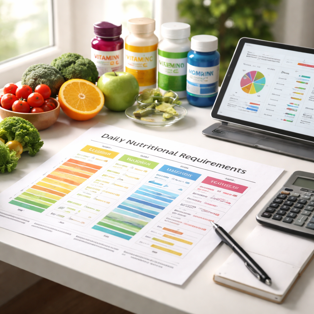 A professional nutritionist's workspace showing a detailed daily nutritional requirements chart spread across a modern desk, with colorful vitamin bottles, fresh fruits and vegetables arranged nearby, scientific calculator and tablet displaying nutrient data, natural window lighting creating a clean and organized atmosphere, shot with 50mm lens, f/2.8, shallow depth of field, photo style