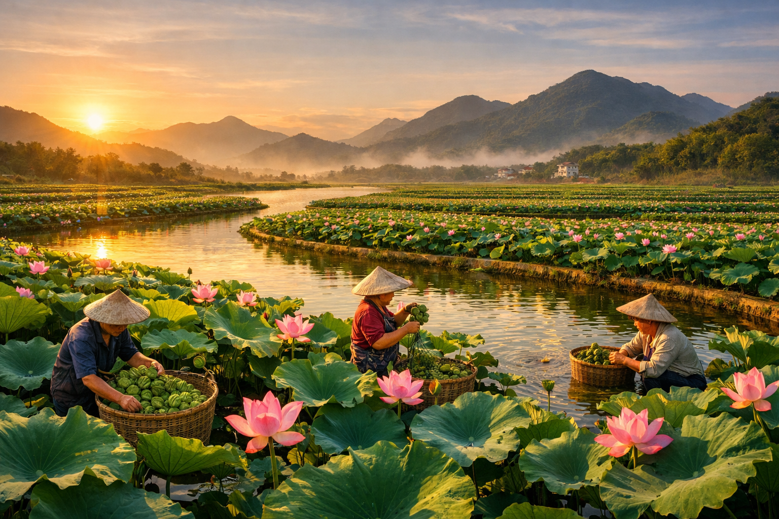 A wide panoramic view of terraced lotus ponds in Guangchang County, Jiangxi Province during golden hour, with rows of large lotus plants featuring vibrant green leaves and pink blooms, misty mountains in the background, warm sunlight reflecting off the water surface, farmers in traditional conical hats harvesting lotus seeds, shot with wide-angle lens, natural lighting, landscape format, highly detailed, photo style