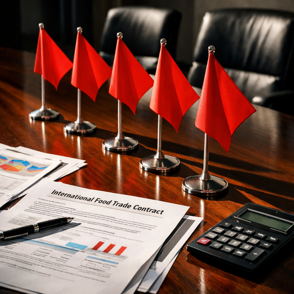 Five red warning flags arranged dramatically on a polished conference table with business documents and a calculator, international food trade contracts visible, dramatic side lighting creating strong shadows, corporate setting, photo style, shot with 35mm lens, f/4, professional business photography, high contrast