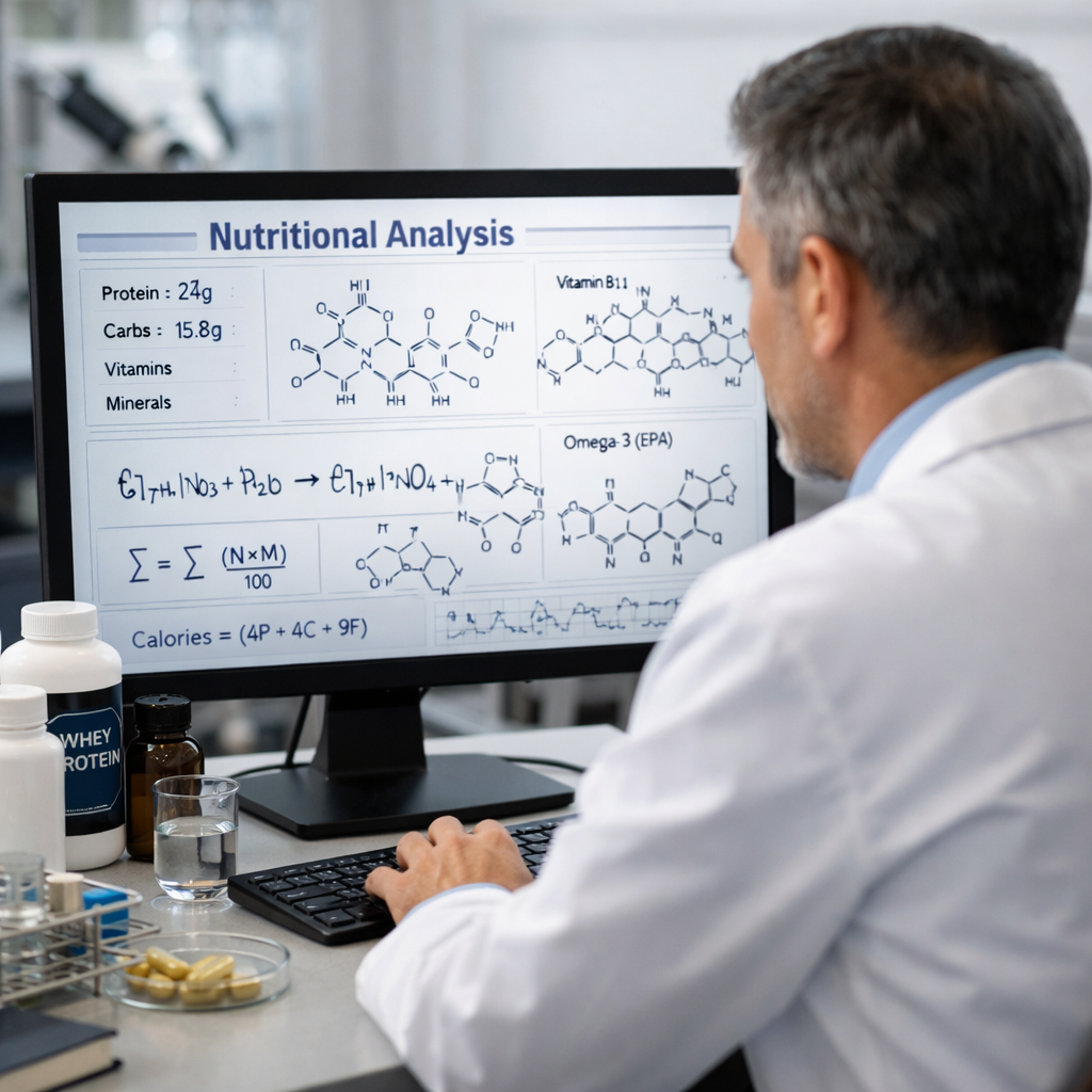 A modern laboratory setting with a scientist in a white coat analyzing nutritional data on a computer screen, showing detailed molecular structures and calculation formulas. The desk has supplement bottles, scientific instruments, and reference books. Clean, professional lighting with a focus on precision and scientific accuracy. Shot with 50mm lens, f/2.8, natural lighting, photo style.