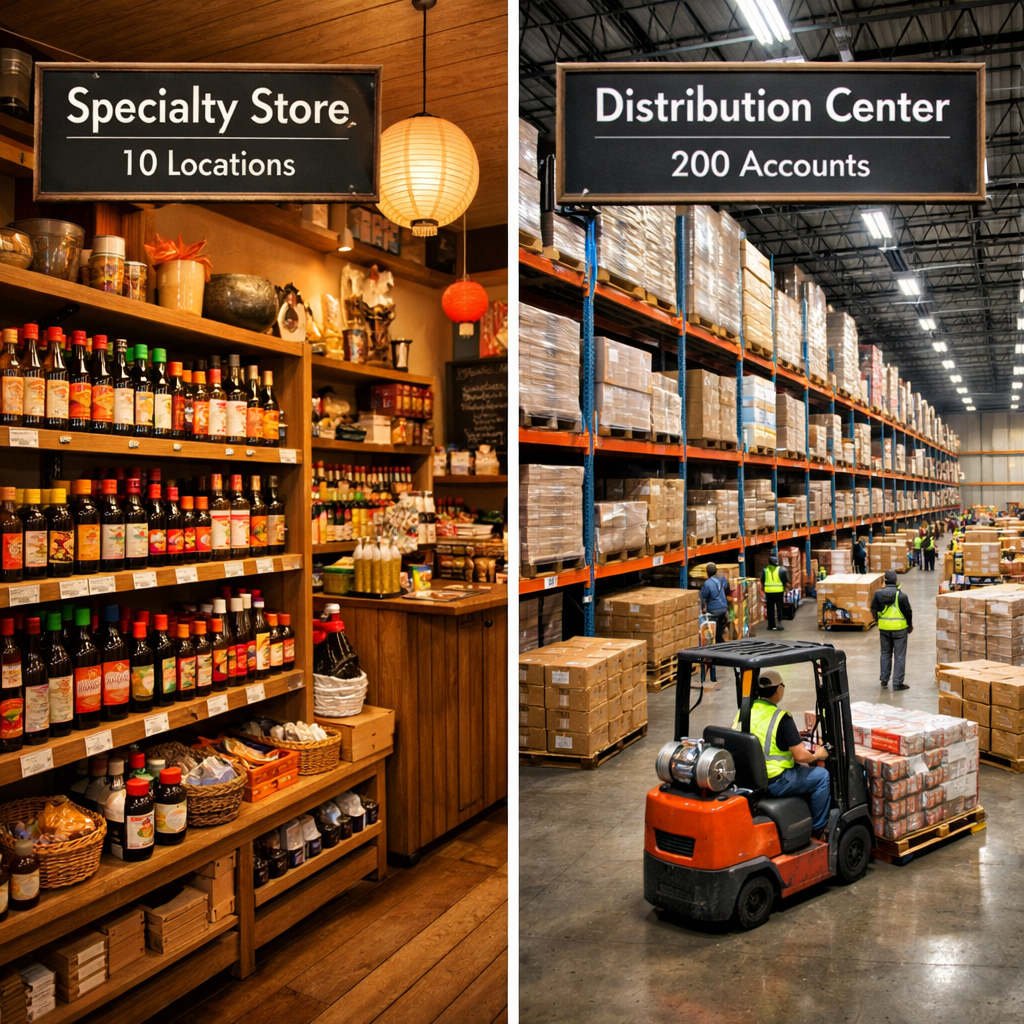 A professional food industry comparison scene showing two contrasting retail environments side by side: on the left, a small European specialty store with 10 locations displaying Asian sauce products on wooden shelves with warm lighting and intimate atmosphere; on the right, a large modern North American food service distribution center with 200 accounts, featuring industrial shelving systems, pallet loads of products, and busy warehouse operations. The image emphasizes the scale difference between small retail entry and large distribution operations, shot with a wide-angle lens, natural lighting, highly detailed, photo style.
