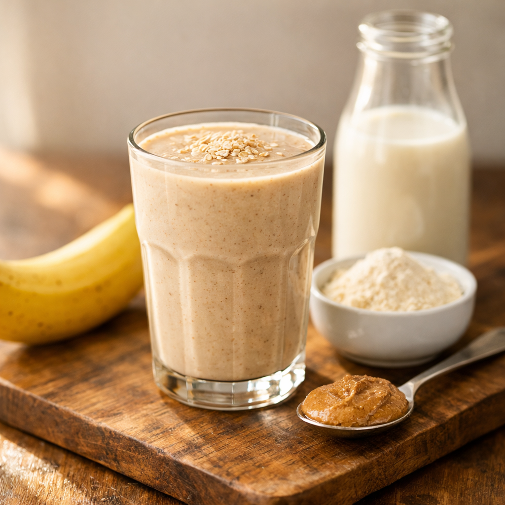 A beautifully styled protein smoothie in a clear glass on a wooden cutting board, surrounded by its fresh ingredients: a ripe banana, a small bowl of whey protein powder, a bottle of almond milk, and a spoonful of almond butter. Natural morning sunlight streaming from the side creating soft highlights. Shot with 50mm lens, f/2.8, shallow depth of field, professional food photography style, appetizing composition, neutral background.