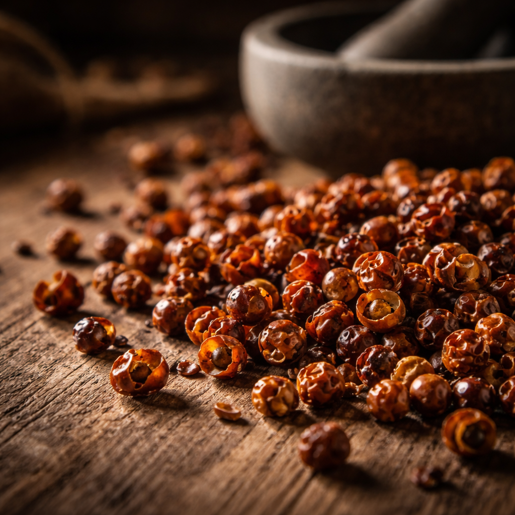 Close-up photo of traditional Sichuan peppercorns from Hanyuan region scattered on a rustic wooden surface, showing their distinctive reddish-brown color and open husks, with a traditional Chinese mortar and pestle slightly blurred in the background, shot with macro lens, f/4, dramatic side lighting creating rich shadows, highly detailed texture showing the peppercorns' natural oil sheen, warm tones, professional food photography style