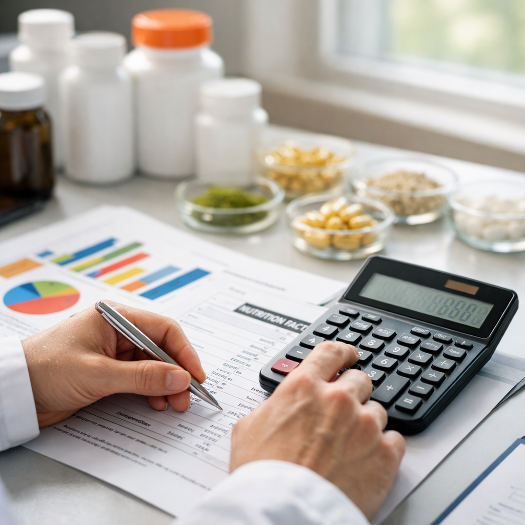 Close-up of a scientist's hands using a modern digital calculator and reviewing supplement formulation documents with nutritional data charts on a laboratory desk, various supplement bottles and ingredient samples visible in the background, natural window lighting, shallow depth of field, professional workspace setting, photo style