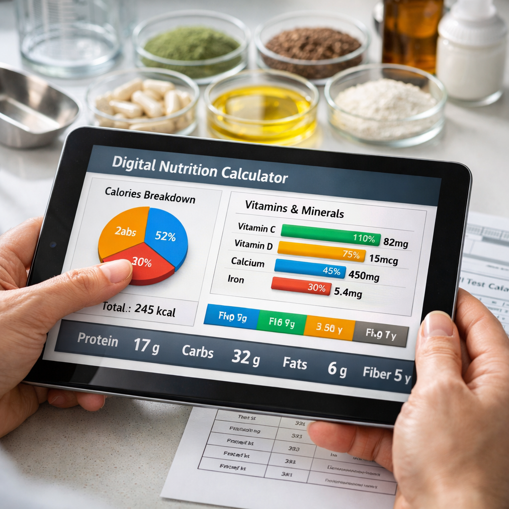 Close-up view of hands using a digital nutrition calculator on a tablet screen, with various supplement ingredients and raw materials arranged neatly on a white laboratory counter. The screen displays detailed nutritional breakdown charts with percentages and values. Beside the tablet are measuring tools, ingredient samples in clear containers, and printed certificates of analysis. Natural lighting from the side, macro lens, f/2.8, sharp focus on the tablet screen, photo style, professional product development setting