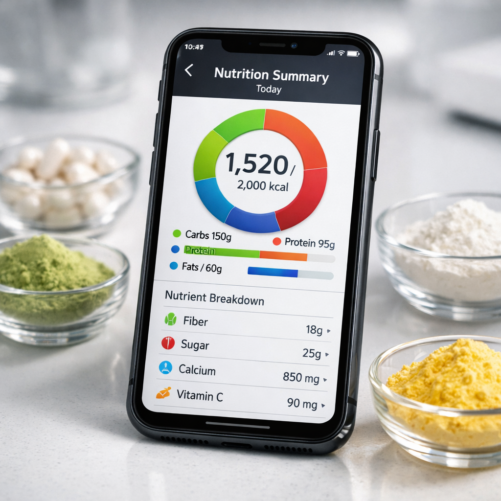 Close-up view of a smartphone displaying a detailed nutrition tracking app interface with colorful charts and nutrient breakdowns, the phone is placed on a clean white laboratory counter next to small bowls containing various nutritional supplement powders and ingredients, soft diffused lighting, macro lens, shallow depth of field, professional product photography style