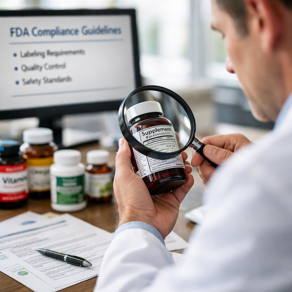 A professional laboratory setting showing a scientist in a white coat examining a dietary supplement bottle with a magnifying glass, focusing on the Supplement Facts panel. The scene includes a modern workspace with a computer displaying FDA compliance guidelines, scattered supplement bottles with visible labels, and regulatory documents. Shot with 50mm lens, f/2.8, natural lighting from large windows, highly detailed, photo style, shallow depth of field.