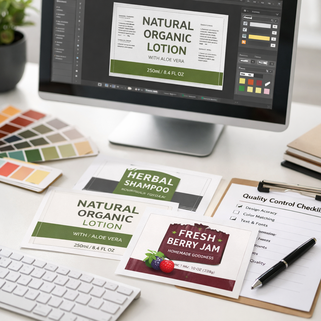 A bright, organized workspace photo showing label design process, shot with 50mm lens, featuring computer screen displaying label template software alongside printed label proofs, color swatches, and quality control checklist documents spread on white desk, natural office lighting from window, shallow depth of field with focus on the label designs, professional product development environment, clean and modern aesthetic, shot from 45-degree angle