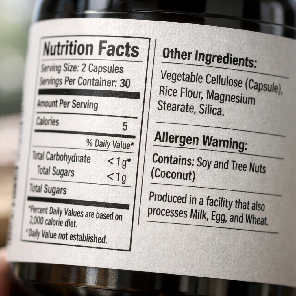 A clean, professional photo of a supplement bottle label being examined under bright lighting, shot with a macro lens at f/2.8, showing detailed FDA-compliant text including Nutrition Facts panel, ingredient list, and allergen statements in sharp focus, with shallow depth of field blurring the background, natural daylight, highly detailed texture of the label paper, product photography style