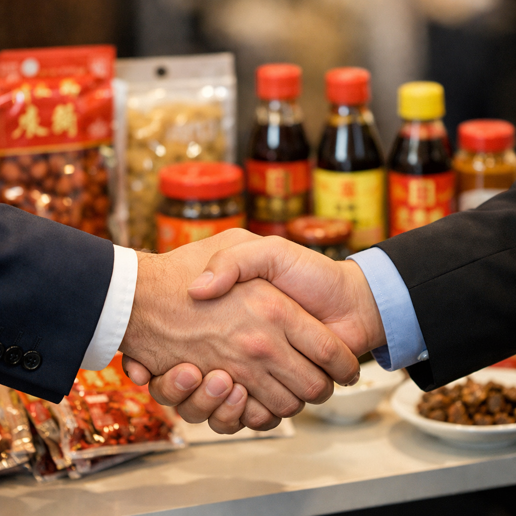 Close-up photo of business handshake between Western buyer and Chinese supplier at trade show booth, professional attire, product samples of authentic Chinese ingredients visible on table in background including packaged spices and sauces, shallow depth of field with f/2.8 aperture, warm natural lighting, shot with 50mm lens, business partnership atmosphere, high detail on hands and product packaging, photo style