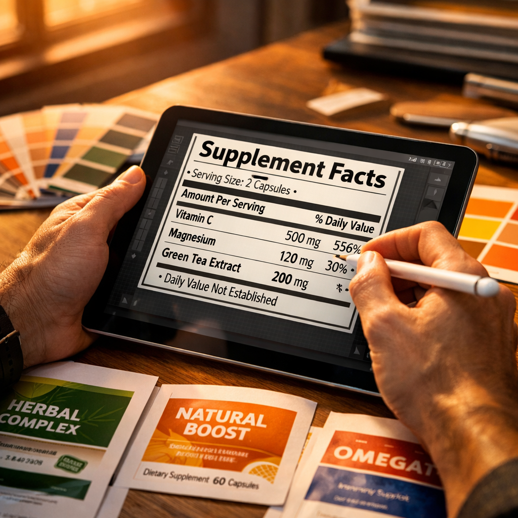 Close-up of a designer's hands working on a digital tablet displaying a supplement facts panel layout, surrounded by color swatches and printed label prototypes, modern office desk with soft task lighting, shot with macro lens, golden hour lighting through window, photo style, high contrast, intricate details