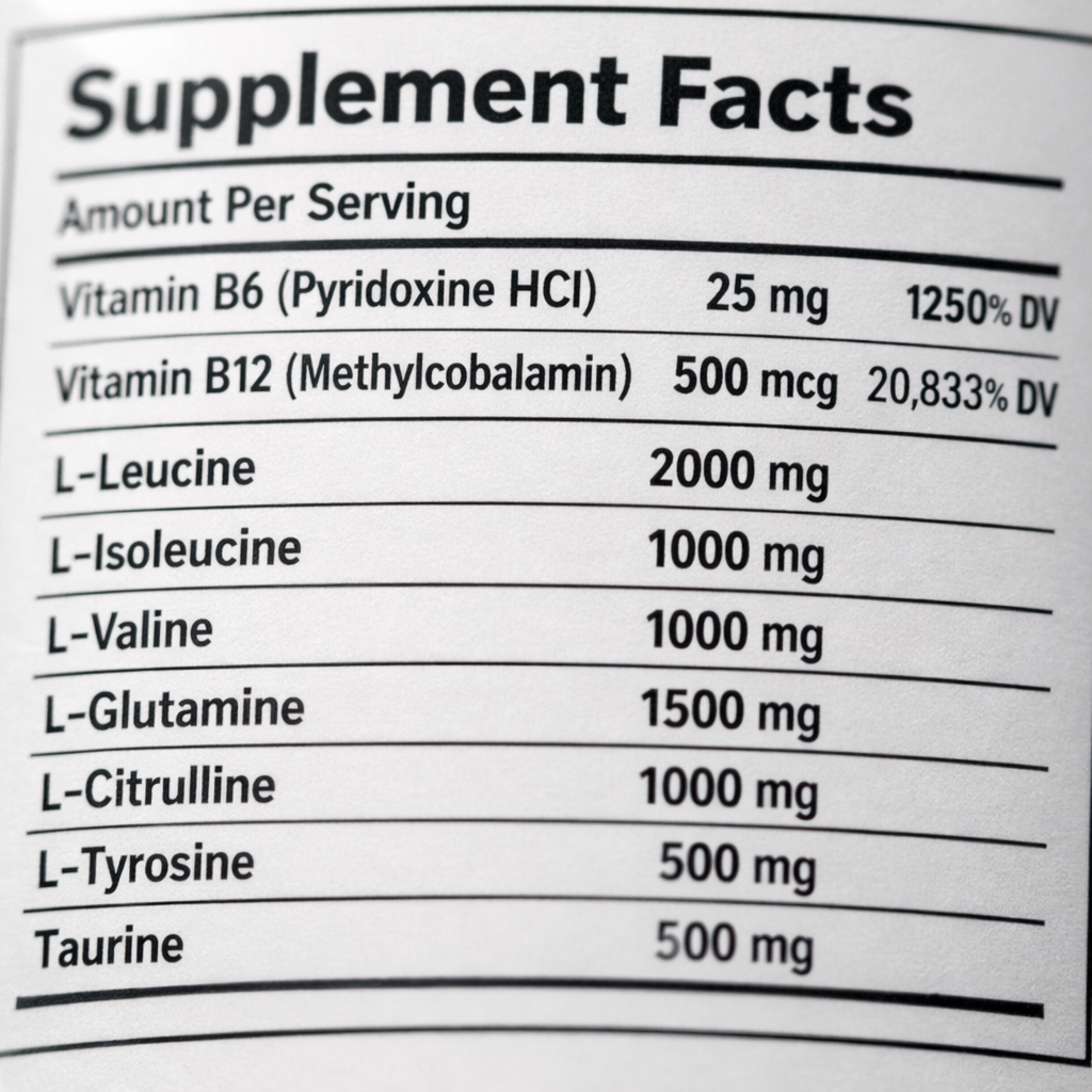 Close-up of a clean, modern supplement product label with clear ingredient list in readable black text on white background, showing transparent disclosure of vitamins and amino acids, shot with macro lens, shallow depth of field, soft lighting, highly detailed, photo style
