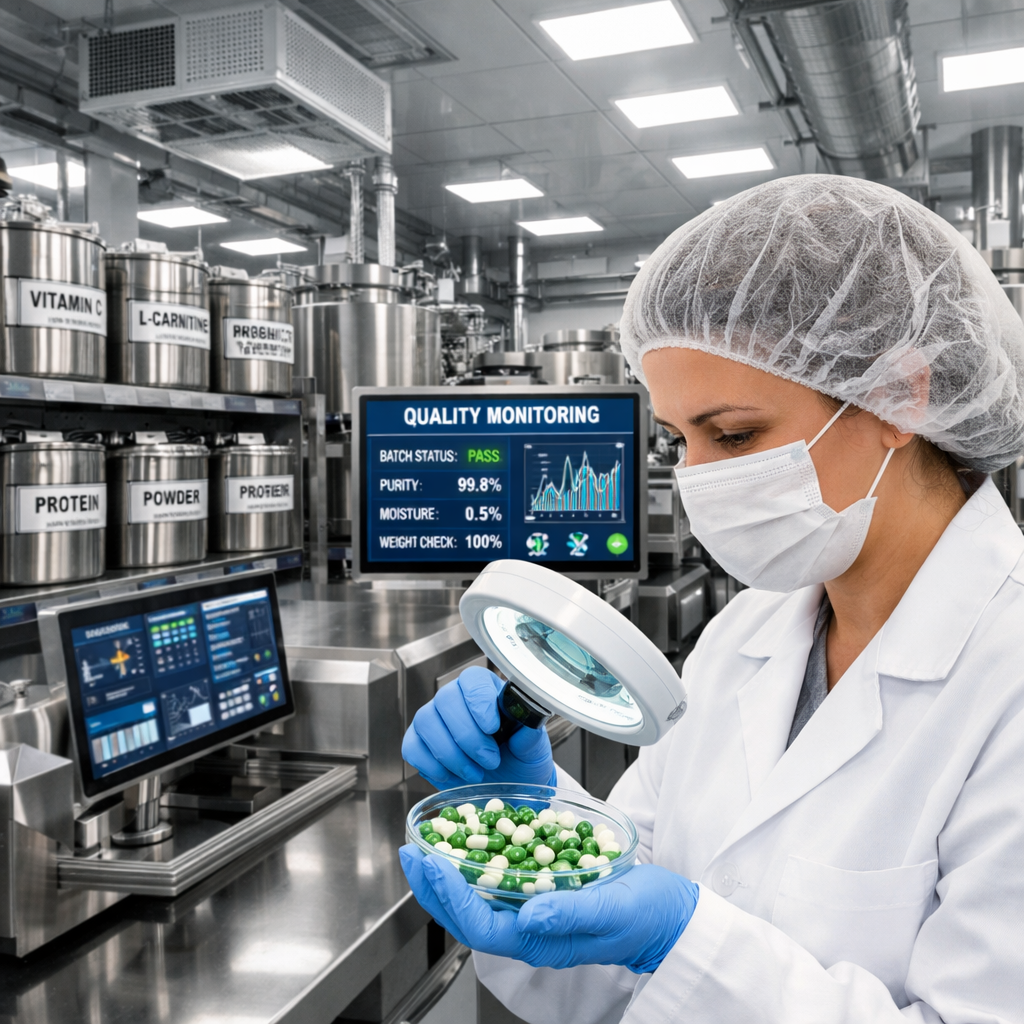 A high-tech pharmaceutical manufacturing facility with stainless steel equipment and automated quality control systems. In the foreground, a quality assurance specialist in a white lab coat examines supplement capsules under bright LED lighting. Background shows organized rows of ingredient containers with clear labeling, digital displays showing real-time quality metrics, and clean room environment with air filtration systems visible. Professional industrial photography style, shot with wide-angle lens, bright even lighting, sharp focus throughout, emphasizing precision and cleanliness, photo style.