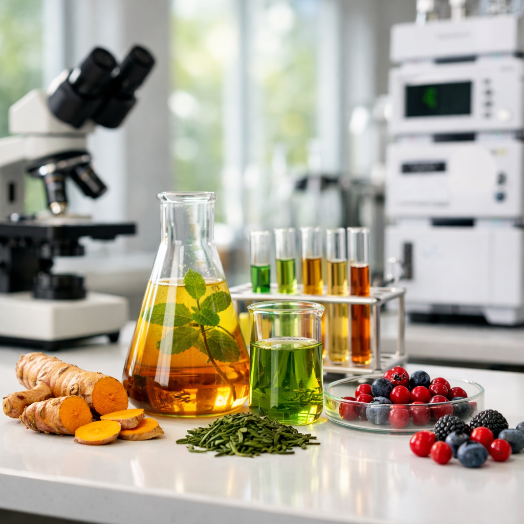 A modern laboratory setting with pristine white countertops, showcasing various botanical extracts in glass beakers and test tubes. Natural ingredients like vibrant turmeric root, green tea leaves, and colorful berries are artfully arranged alongside scientific equipment including microscopes and HPLC machines. Soft natural lighting from large windows illuminates the scene, creating a professional yet approachable atmosphere that bridges nature and science. Shot with Canon EOS R5, 50mm lens, f/2.8, shallow depth of field, highly detailed, photo style.