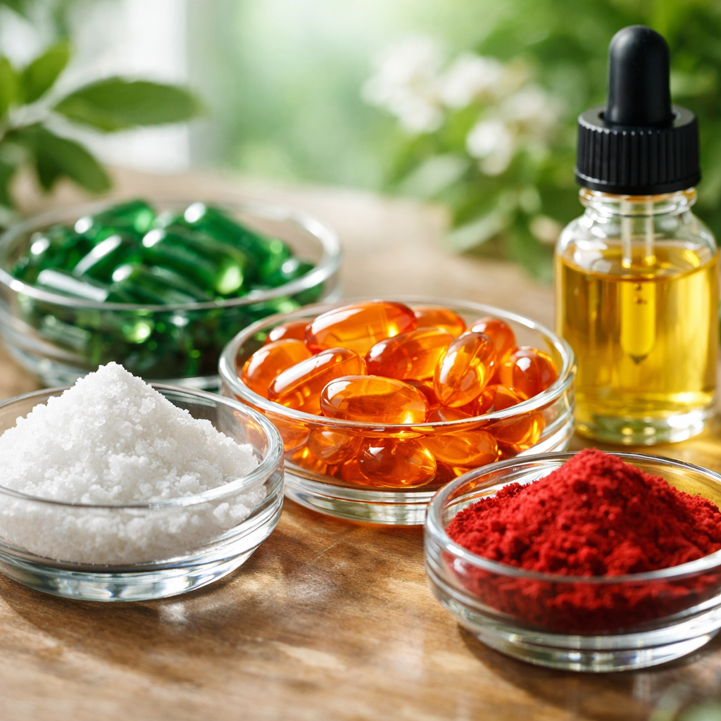 Close-up photo of premium nutraceutical ingredients in transparent glass containers, showing various forms including crystalline powders, capsules, and liquid supplements with vibrant natural colors. Macro lens photography, shallow depth of field, natural window lighting, ultra-detailed textures, clean aesthetic with botanical elements in soft-focus background.