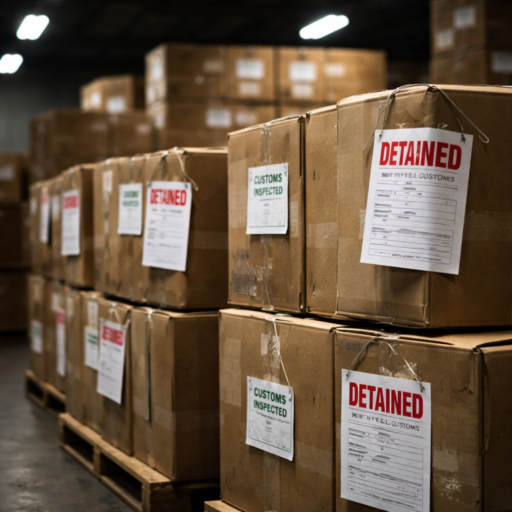 A detailed photo of a customs detention warehouse, shot with 50mm lens, f/2.8, showing stacked cardboard boxes with customs inspection tags and red detention notices, dramatic lighting from overhead fluorescent lights, documentary photography style, high contrast, professional DSLR camera, photo style
