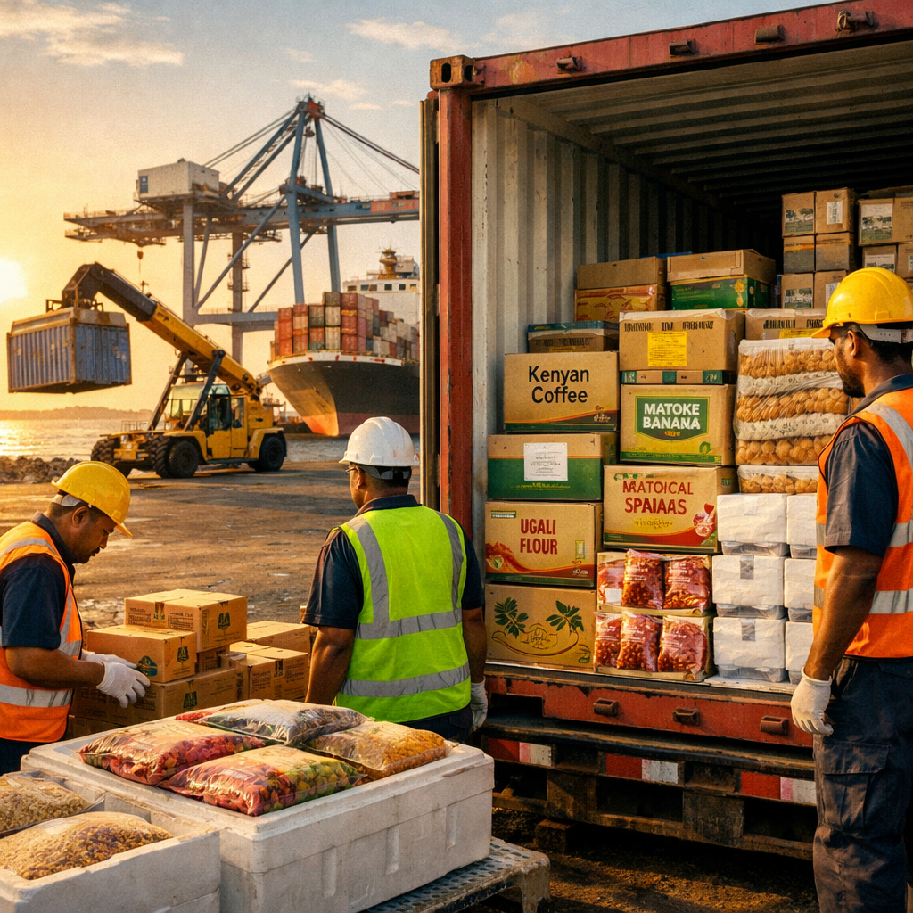 A professional logistics scene showing a shipping container being loaded with carefully packaged African food products at an East African port, with modern cargo handling equipment in golden hour lighting. The image shows workers in safety gear overseeing quality-controlled packaging, with the ocean and container ship visible in the background. Shot with wide-angle lens, natural lighting, photo style with film grain effect, emphasizing the professional cold chain logistics operation.