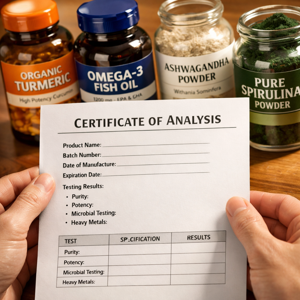 Close-up of hands holding a Certificate of Analysis document next to bottles of premium dietary supplement capsules and raw ingredient powders in glass containers, warm natural lighting, wooden desk surface, professional product photography style, shot with macro lens, shallow depth of field showing ingredient labels in sharp focus, clean and organized composition, photo style