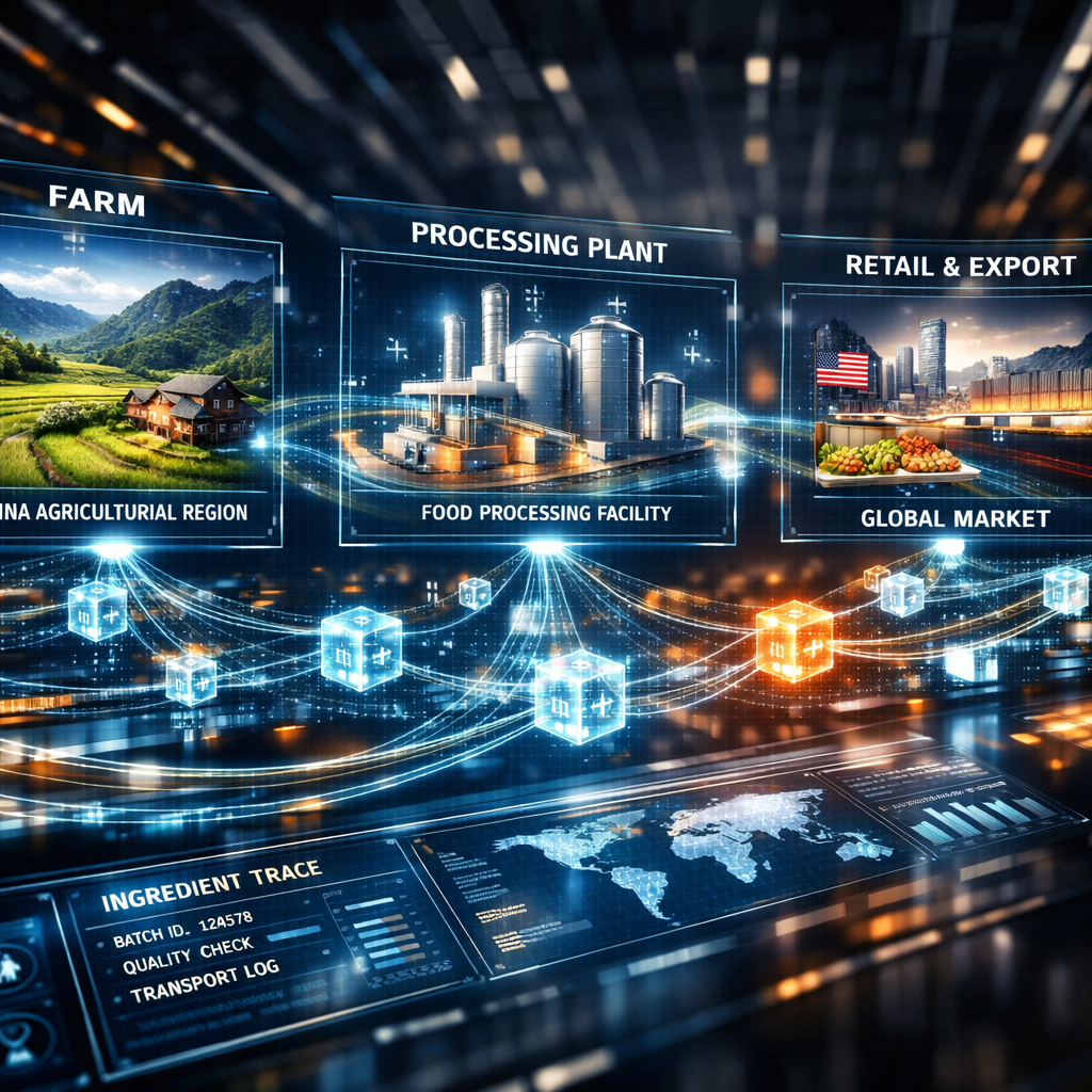 Modern food traceability system visualization, digital blockchain network connecting farm to factory to retail, holographic display showing ingredient journey from Chinese agricultural region through processing facility to international market, futuristic technology interface with flowing data streams, photo style, dramatic lighting, shot with wide-angle lens, high contrast, detailed