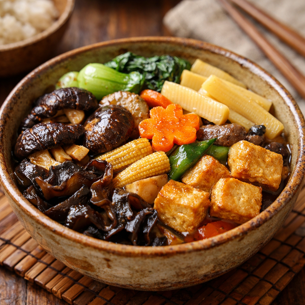A traditional Chinese Buddha's Delight dish photographed in natural lighting, featuring an array of colorful vegetables including shiitake mushrooms, bamboo shoots, wood ear mushrooms, and tofu arranged in a rustic ceramic bowl, shot with 50mm lens at f/2.8, shallow depth of field, warm tones, food photography style, highly detailed textures of the ingredients