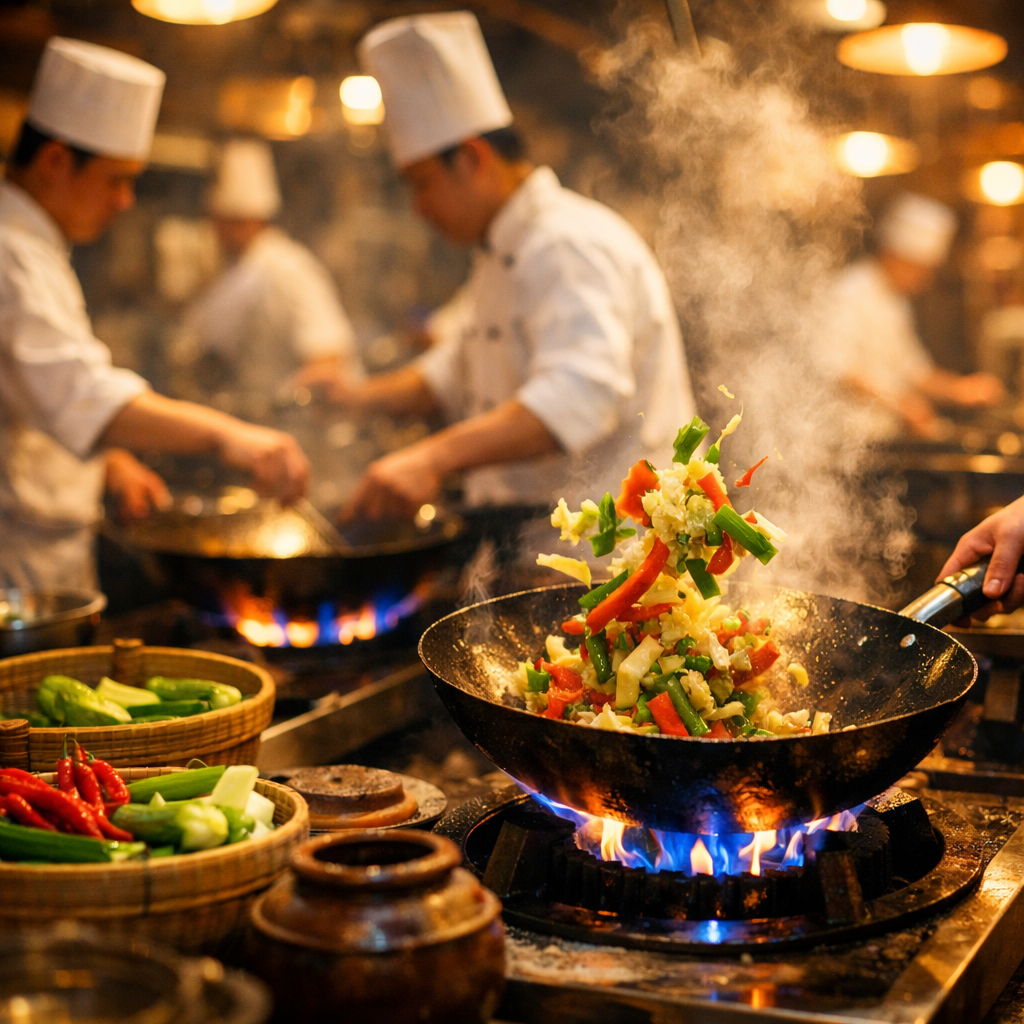 A bustling professional Chinese kitchen in Guangzhou with multiple woks on high-flame burners, steam rising dramatically, chefs in white uniforms working in synchronized motion, vibrant fresh vegetables in bamboo baskets, traditional clay pots, warm golden lighting from overhead lamps mixing with blue flames from gas burners, shot with 35mm lens, shallow depth of field focusing on a sizzling wok with vegetables mid-toss, photo style, cinematic lighting, highly detailed, warm color tones
