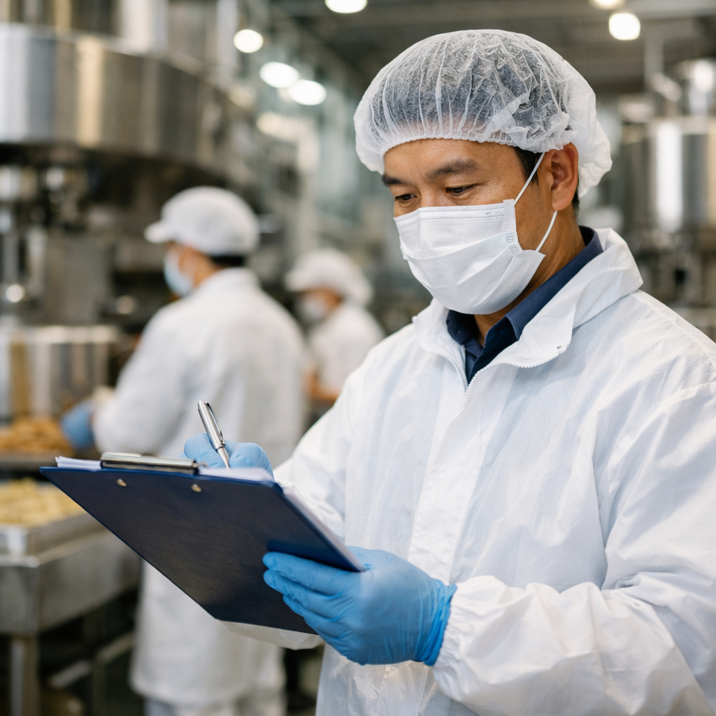 A professional food safety auditor in protective gear examining production records on a clipboard while standing in a modern Chinese food processing facility, with stainless steel equipment and workers in white uniforms visible in the background, photo style, shot with 35mm lens, f/2.8, natural lighting, high detail
