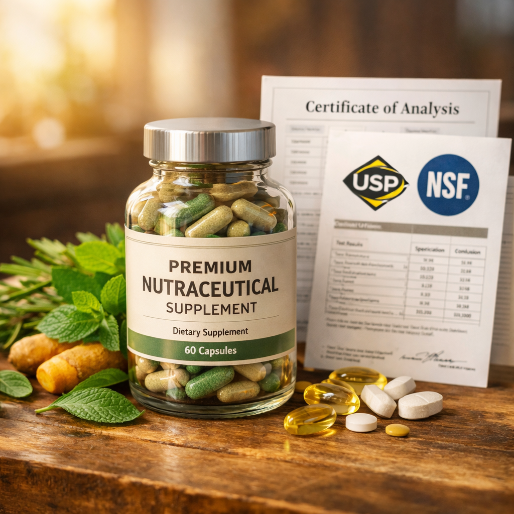 A transparent glass bottle of premium nutraceutical supplements on a wooden surface, surrounded by fresh natural ingredients like herbs and vitamins. Beside it are official certification documents with visible USP and NSF logos, and a Certificate of Analysis report. Warm natural morning light creates a sense of trust and quality, shot with 50mm lens, f/2.8, shallow depth of field, photo style.