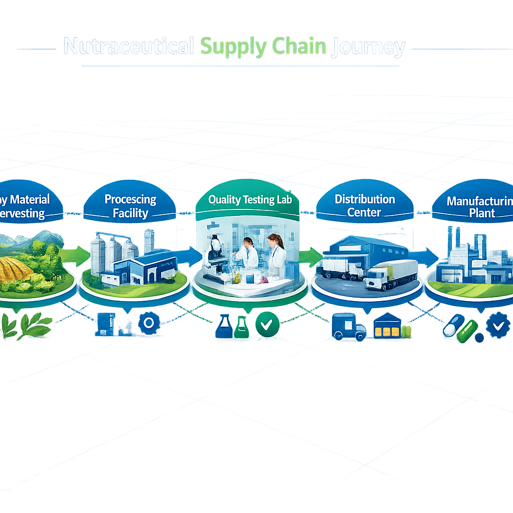 A transparent supply chain visualization showing the journey of nutraceutical ingredients from raw material source to final manufacturing facility. The image features a clean, modern infographic-style layout with interconnected nodes representing different stages: raw material harvesting, processing facilities, quality testing labs, distribution centers, and manufacturing plants. Each node has small icons and connecting lines showing the flow of materials. Shot from a slightly elevated angle with even, professional lighting. The color scheme uses blues and greens to convey trust and quality. Wide-angle lens, sharp focus throughout, commercial photography style with high contrast and crisp details.