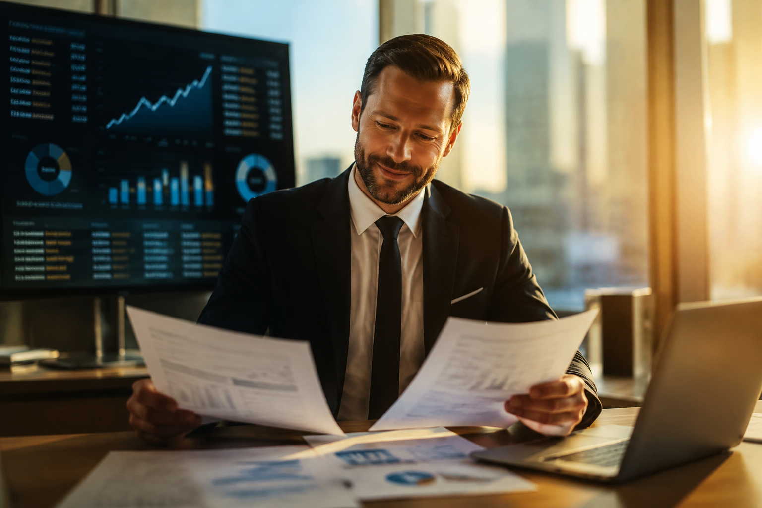 A confident business person reviewing financial documents with a satisfied expression, surrounded by organized charts showing upward trends, modern office environment, natural window lighting, golden hour glow, shot with 35mm lens, shallow depth of field, professional atmosphere, high contrast, photo style