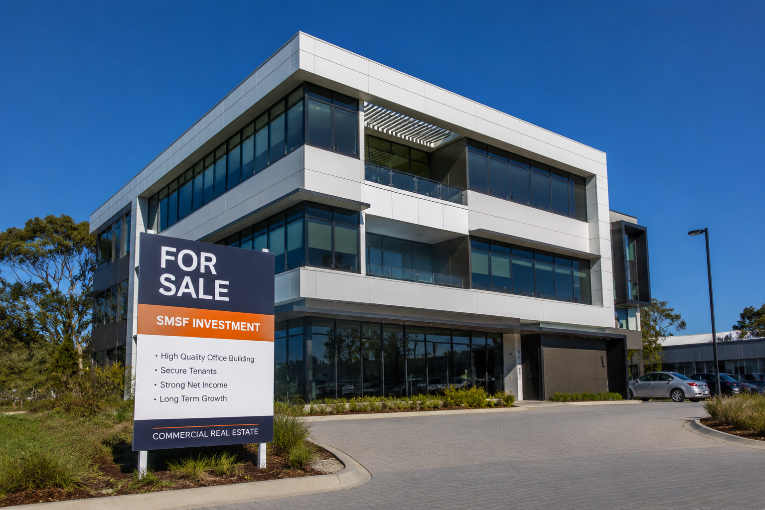 A modern Australian commercial property building with 'For Sale' and 'SMSF Investment' signage, photo style, shot with 35mm lens, natural lighting, business district setting, professional real estate photography, sharp focus on building facade, clear blue sky background, f/5.6 aperture, architectural detail